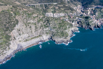 Riomaggiore - Manarola (Path of Love) from the air, Blue Trail, Cinque Terre, Italy