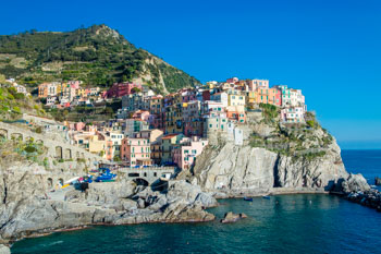 The most famous view of the village, Manarola, Cinque Terre, Italy