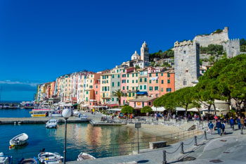 View of the waterfront of the village, Portovenere, Cinque Terre, Italy